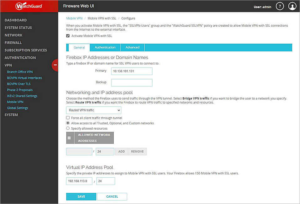 Screen shot of the Mobile VPN with SSL Configure page